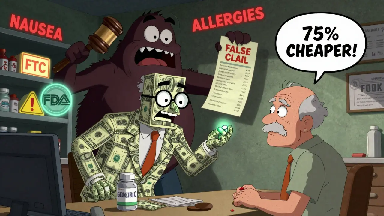 Un vendeur de médicaments génériques trompe un patient alors qu'un monstre FTC surgit derrière lui avec un avertissement.