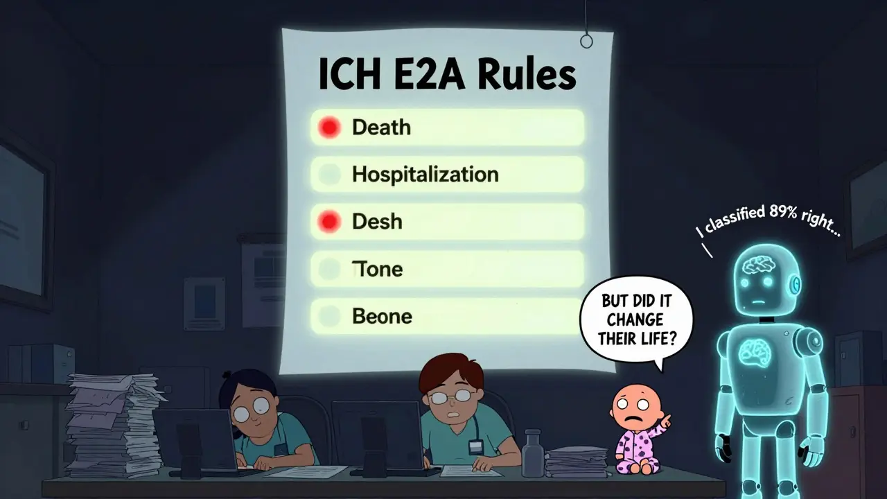 Une checklist géante avec les critères ICH E2A, des travailleurs épuisés et un robot IA qui murmure près d'un patient.