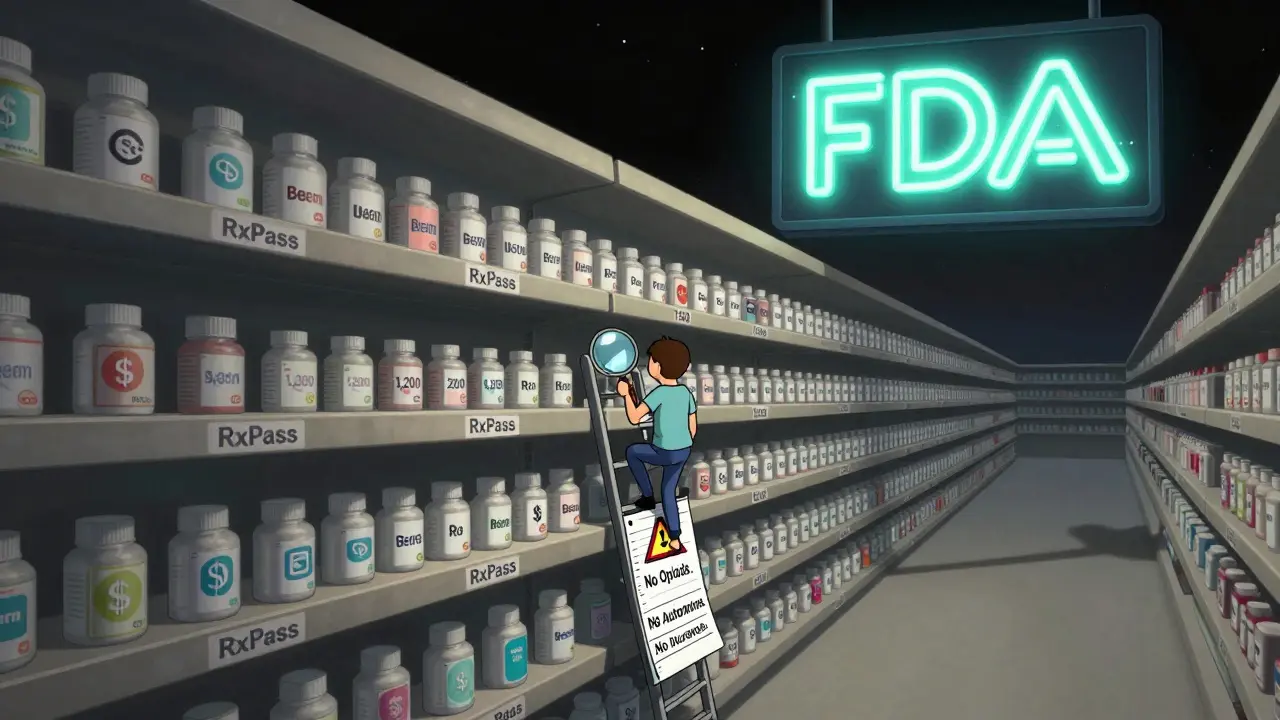 Une étagère infinie de médicaments par application, avec des avertissements médicaux et une notice de la FDA en arrière-plan.