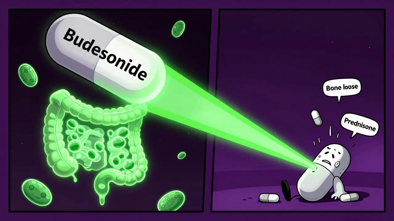 Une pilule Budesonide soigne un intestin invisible, tandis qu'une pilule Prednisone tombe en pièces avec des effets secondaires.