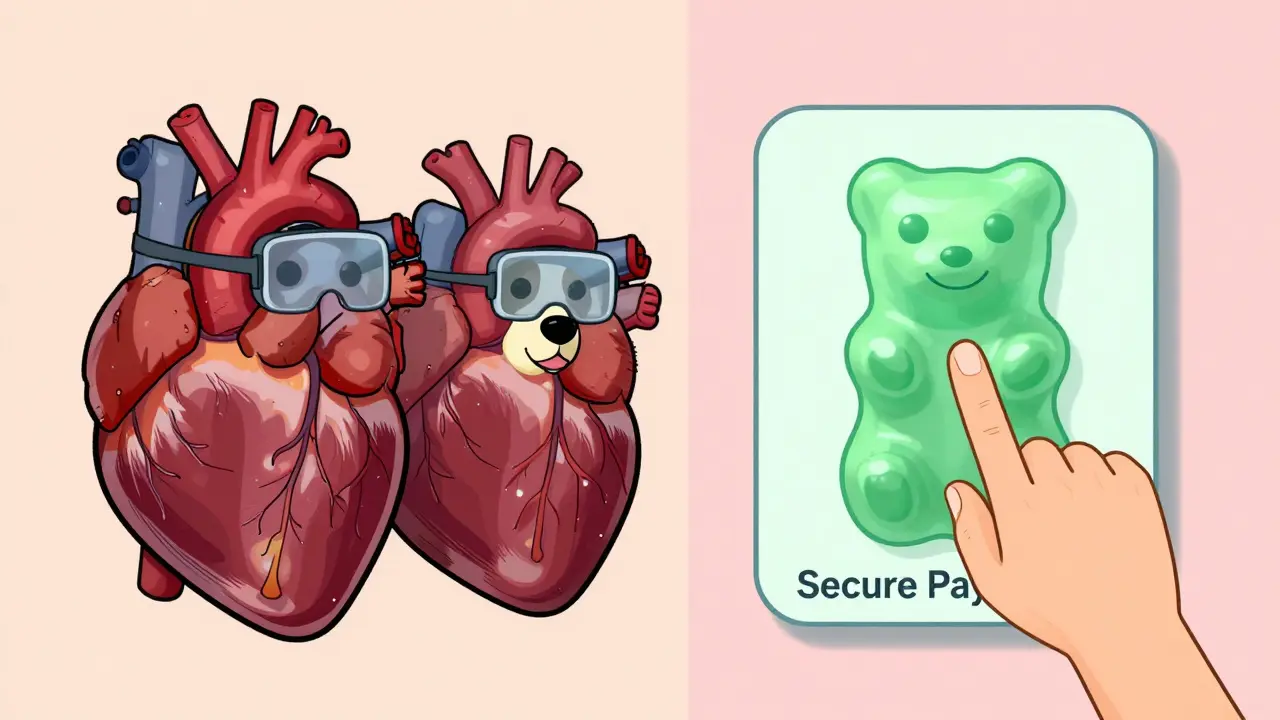 Cœurs humain et canin avec casques médicaux et bouton de paiement sécurisé.