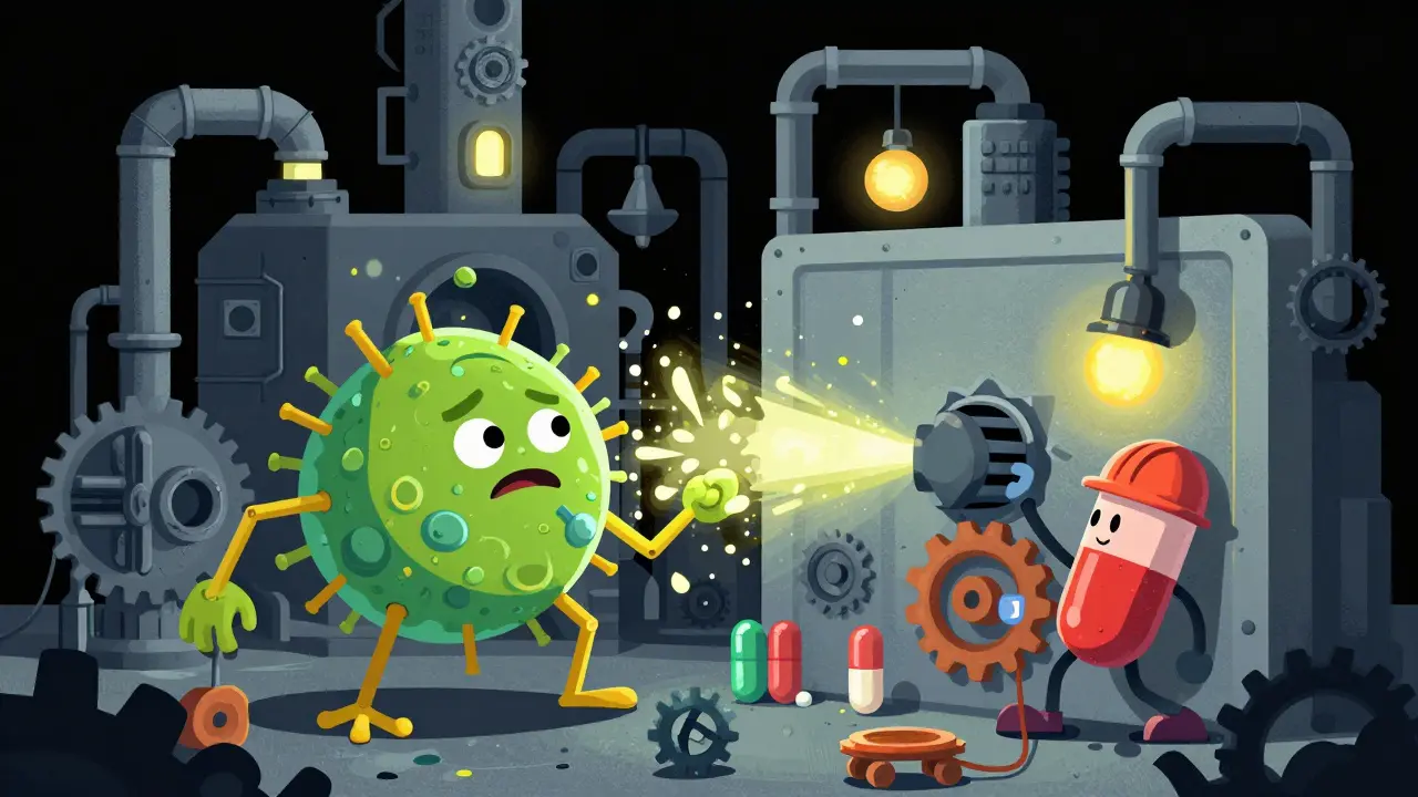 Dessin style Adult Swim représentant une bactérie comme une usine sabotée par des antibiotiques.