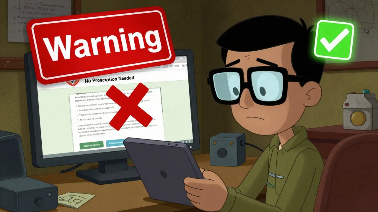 Détective vérifiant la fiabilité d'une pharmacie en ligne pour éviter les contrefaçons.