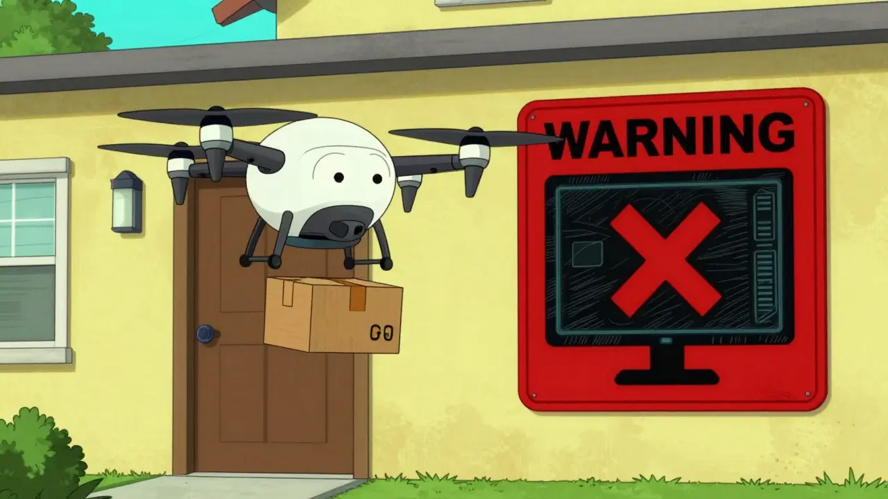 Drone de livraison déposant un colis médical sécurisé dans un style d'animation adulte.