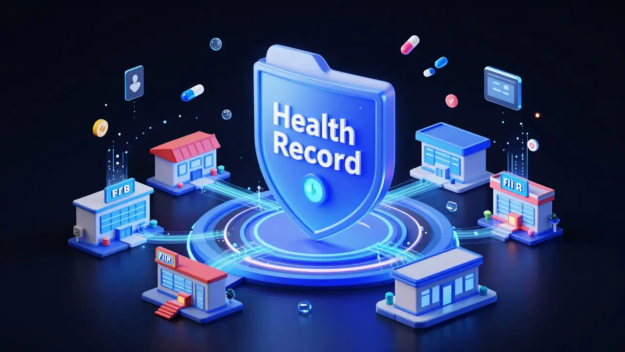 Flux de données médicales convergeant vers un dossier de santé numérique central.