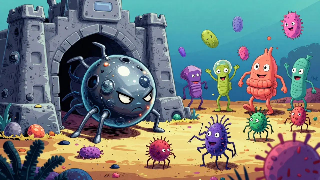 Illustration Adult Swim d'un antibiotique cheval de Troie et de bactériophages attaquant des bactéries.