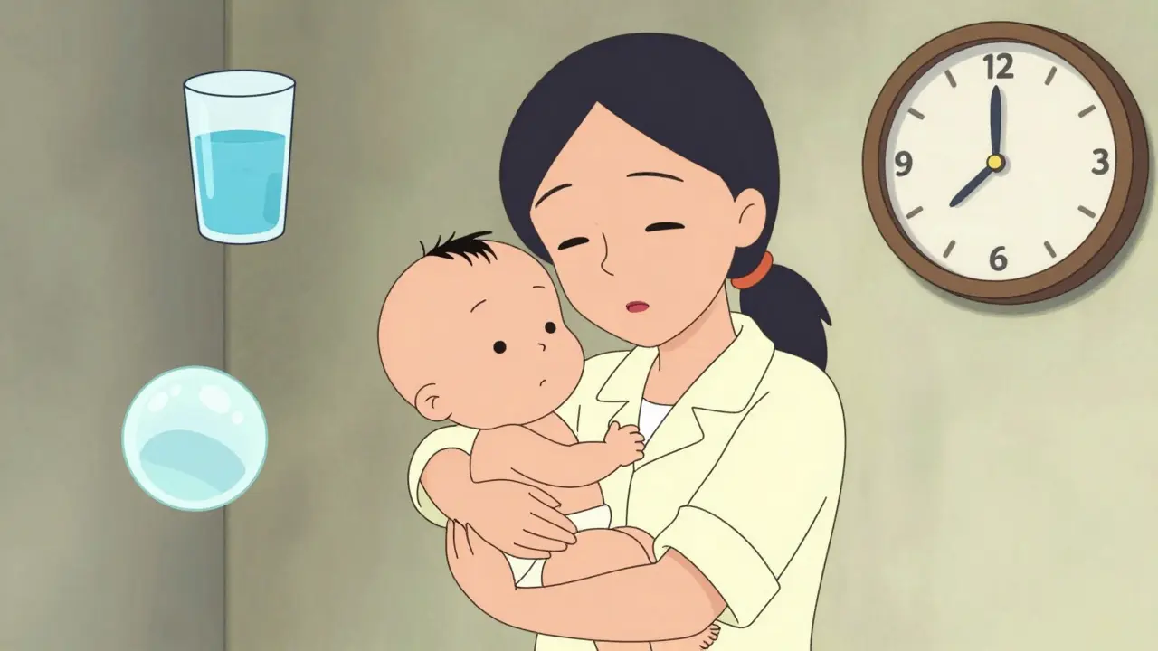 Illustration style Adult Swim d'un parent câlinant son bébé avec des symboles de soins doux.