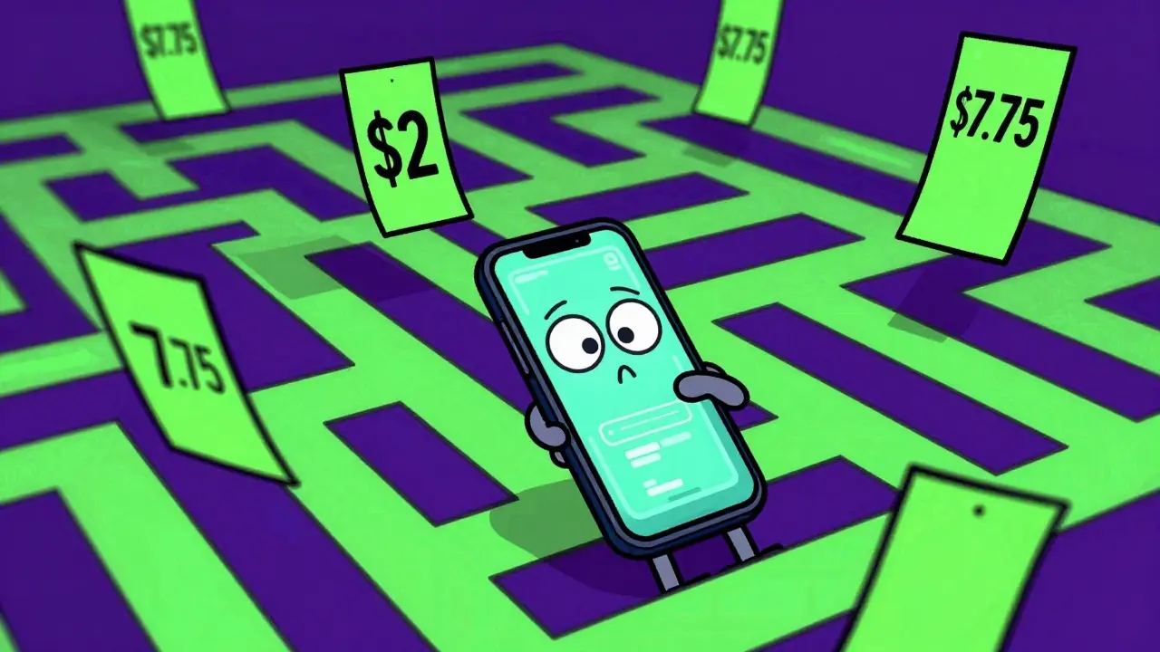 Personnage cherchant les prix les plus bas de médicaments sur son smartphone.