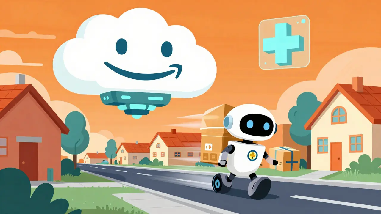 Petit robot de livraison transportant un colis médical dans un quartier coloré.