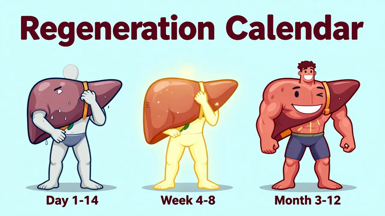Progression visuelle de la régénération d'un foie, du stade malade au stade guéri.