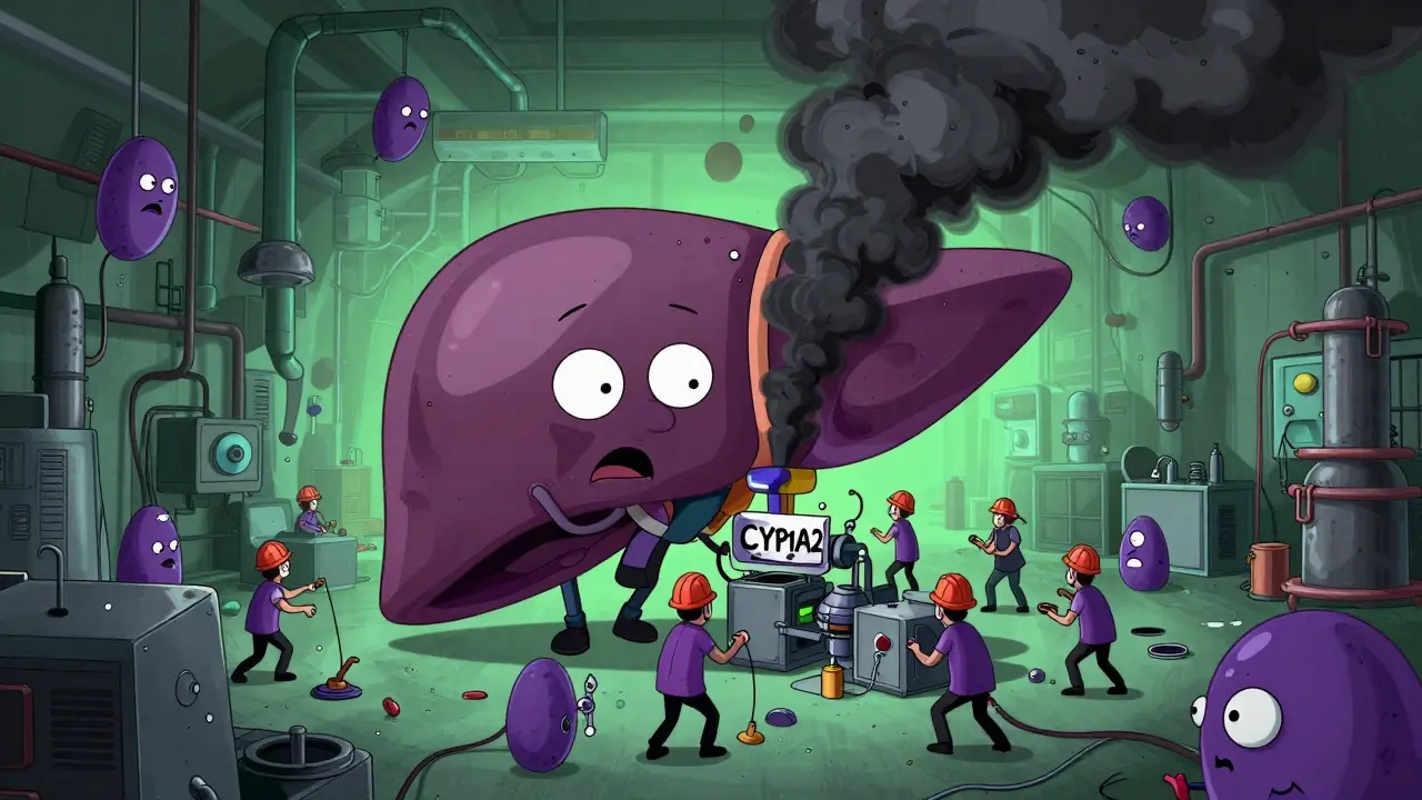 Représentation caricaturale de l'intérieur du foie comme une usine sous l'effet de la fumée de charbon.