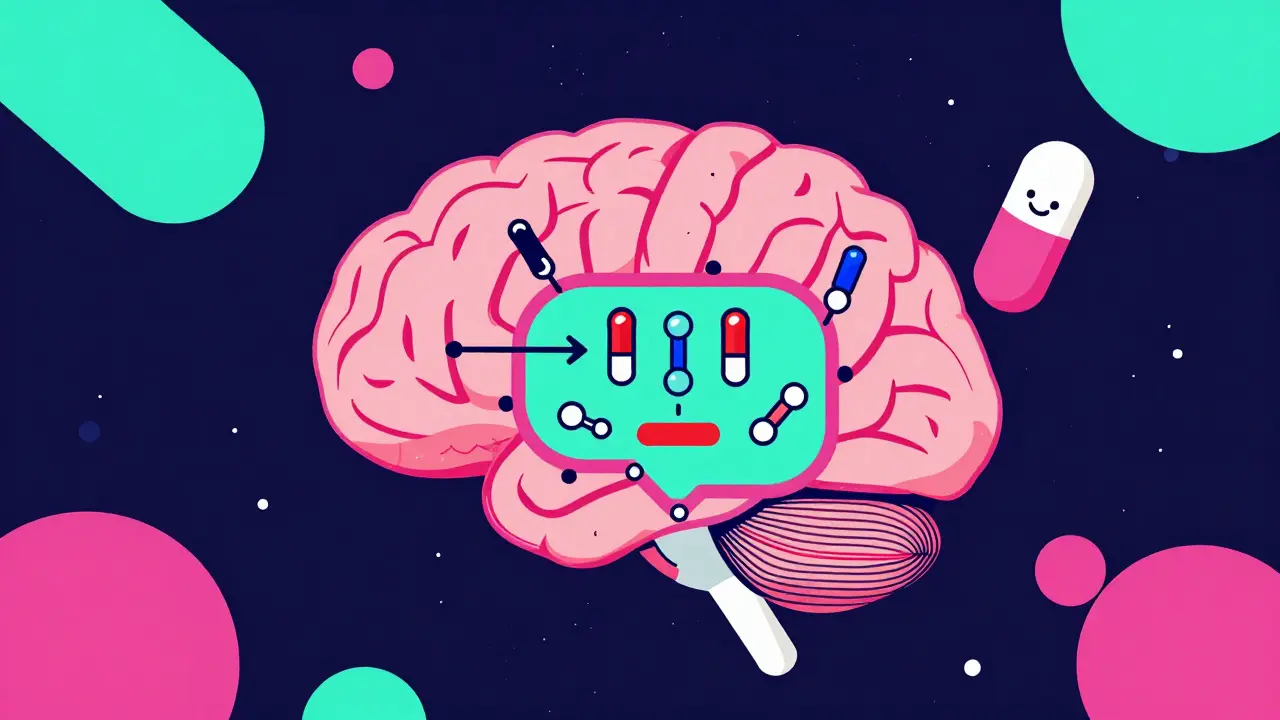 Représentation stylisée du cerveau et des neurotransmetteurs avec une capsule de venlafaxine.