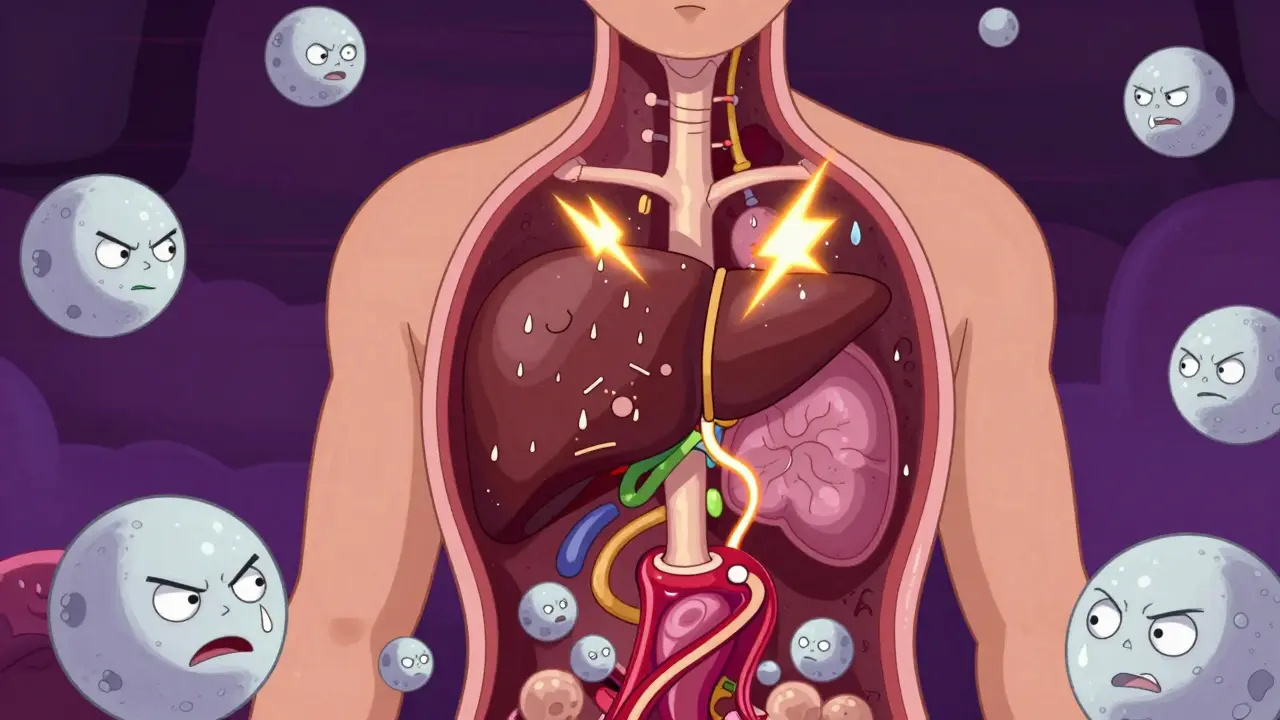 Représentation surréaliste d'un foie enflammé et de globules blancs agressifs dans le corps.