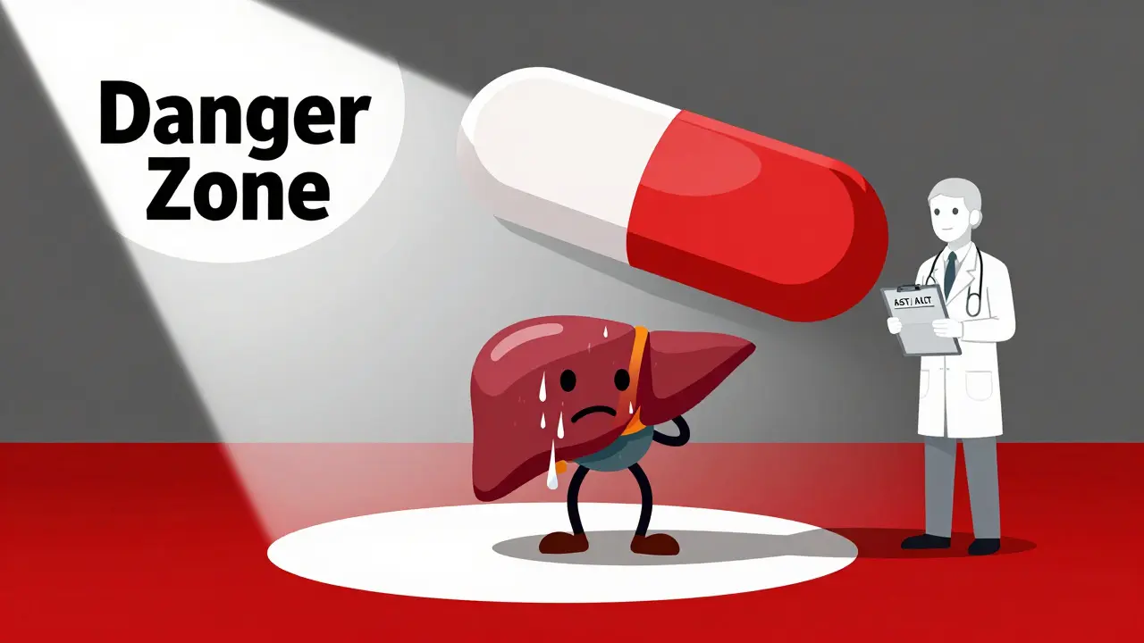 Un foie vulnérable face à un comprimé de paracétamol géant et menaçant.