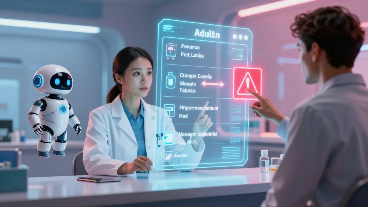 Un pharmacien et un patient analysant des interactions médicamenteuses via une IA holographique.