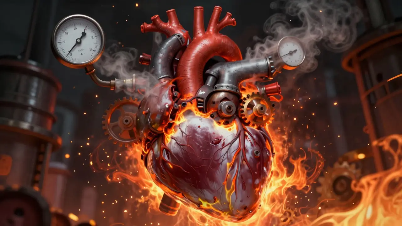Cœur mécanique en surchauffe symbolisant l'urgence