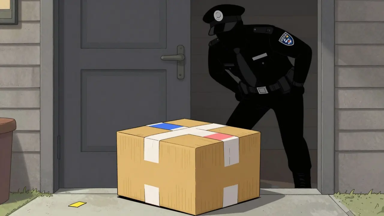 Colis de médicaments inspecté par une figure douanière exagérée à l'arrivée.