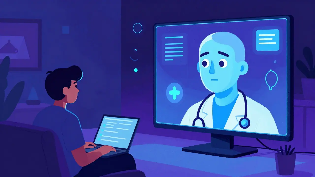 Consultation médicale en ligne via ordinateur dans un salon sombre