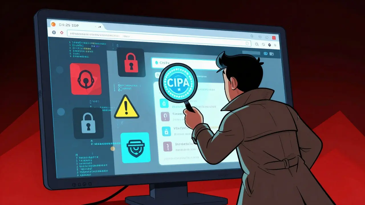 Détective numérique vérifiant la sécurité d'une pharmacie en ligne avec une loupe.