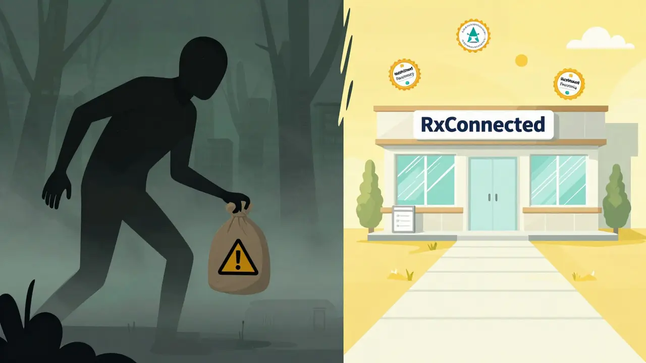 Illustration contrastée montrant le risque des faux médicaments contre la sécurité des pharmacies certifiées