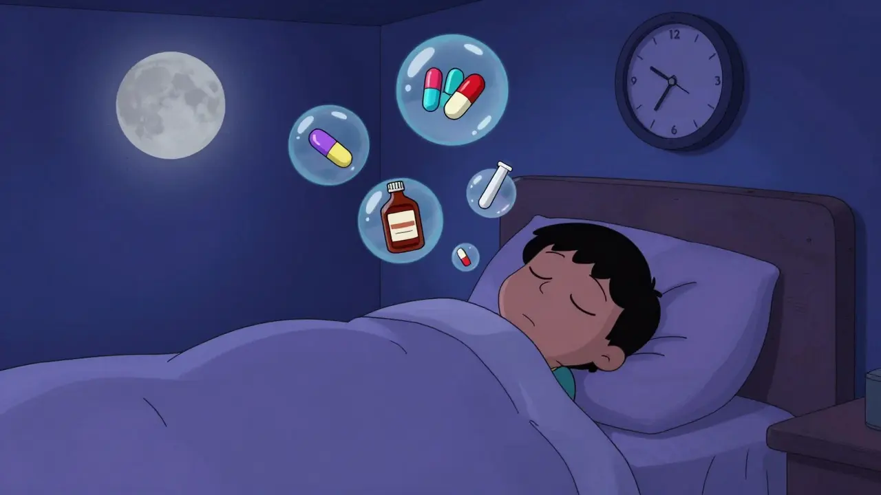 Personnage dormant paisiblement entouré d'icônes de médicaments