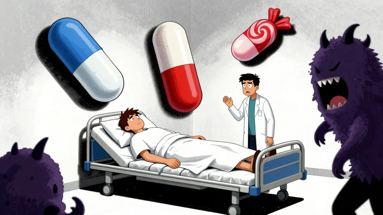 Pills menaçantes entourant un patient dans un style sombre
