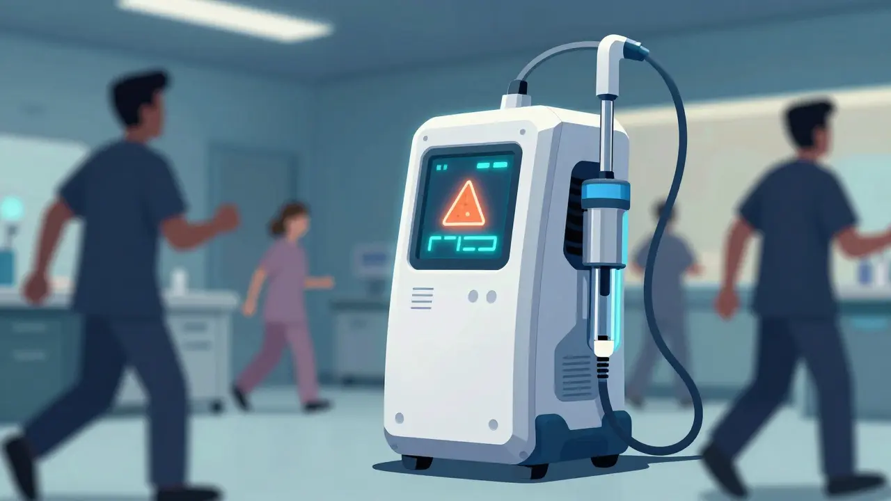 Pompe à perfusion futuriste affichant une alerte d'erreur dans un hôpital
