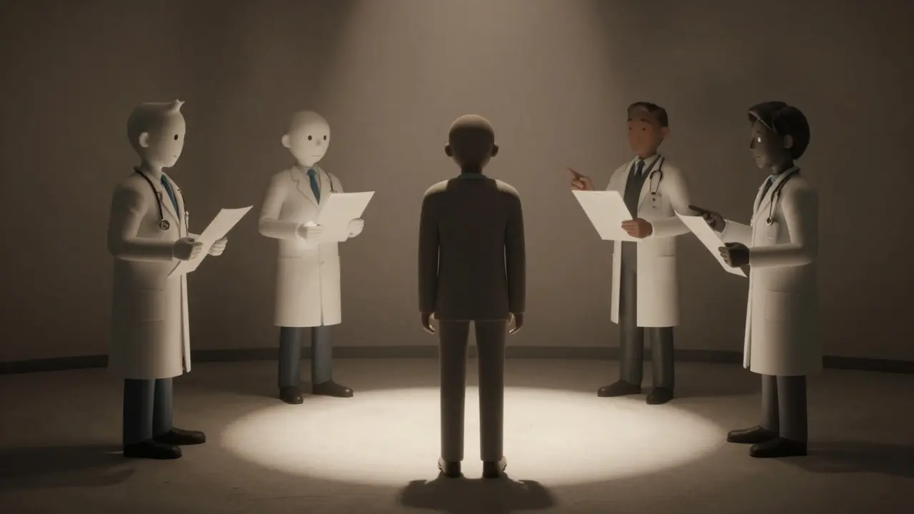 Un patient entouré de spécialistes isolés, symbolisant le manque de coordination des soins médicaux.