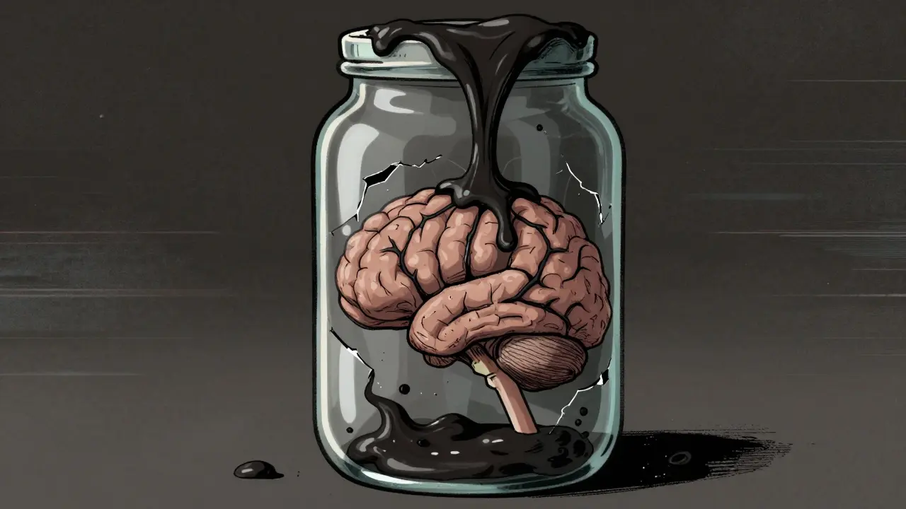 Cerveau se désintégrant dans un bocal sous l'effet d'une substance noire visqueuse