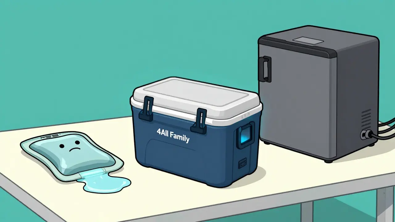 Comparaison cartoon de trois types de refroidisseurs portables pour médicaments