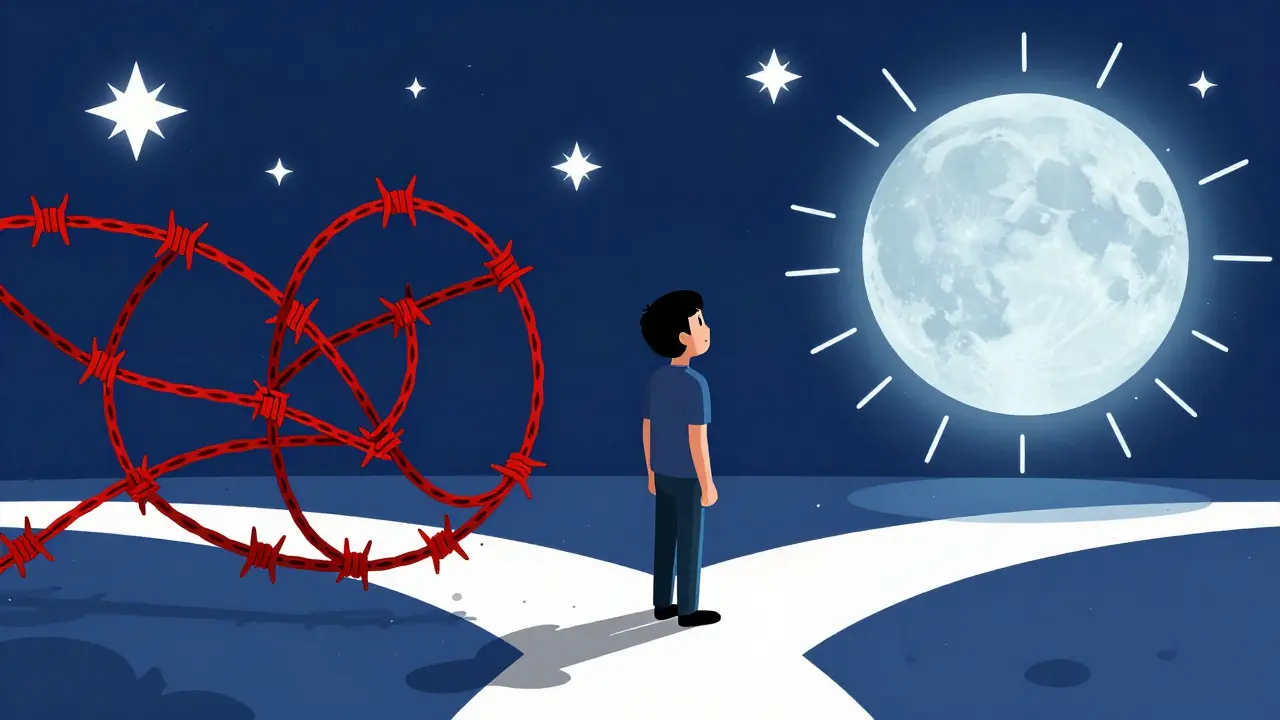 Personne choisissant la lune apaisante plutôt que les fils barbelés du médicament