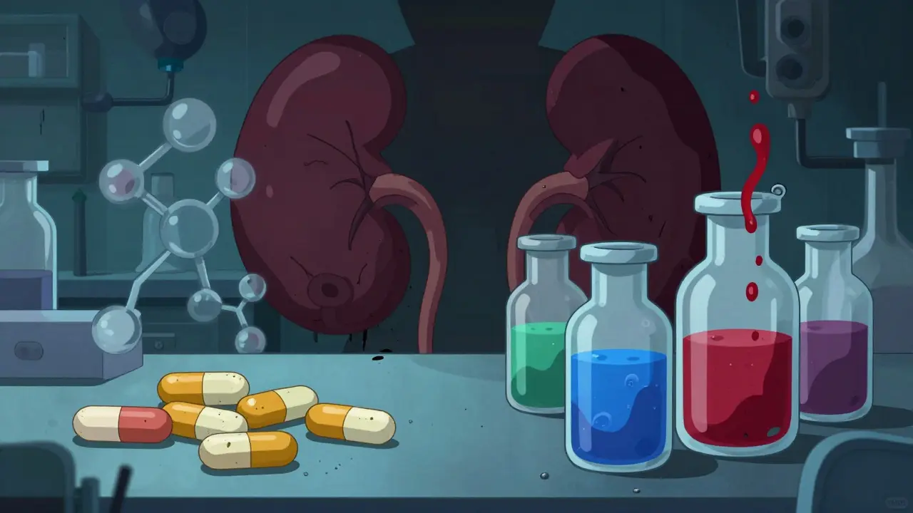 Pills solides stables vs liquides qui se dégradent dans un labo surréaliste