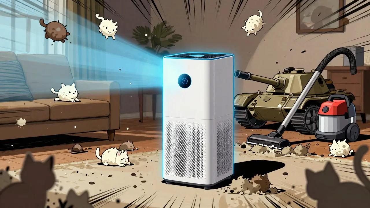 Purificateur d'air et aspirateur combattant les allergènes dans un salon