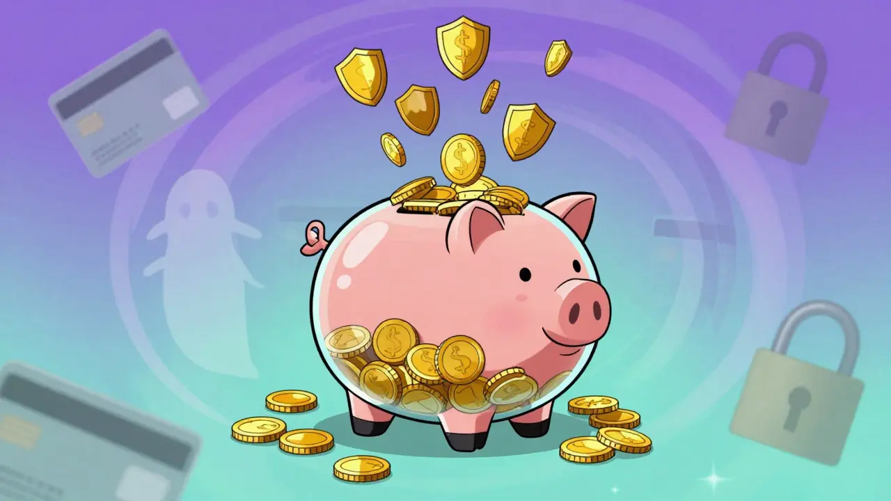 Cochonnet transparent rempli de pièces d'or se transformant en boucliers de sécurité