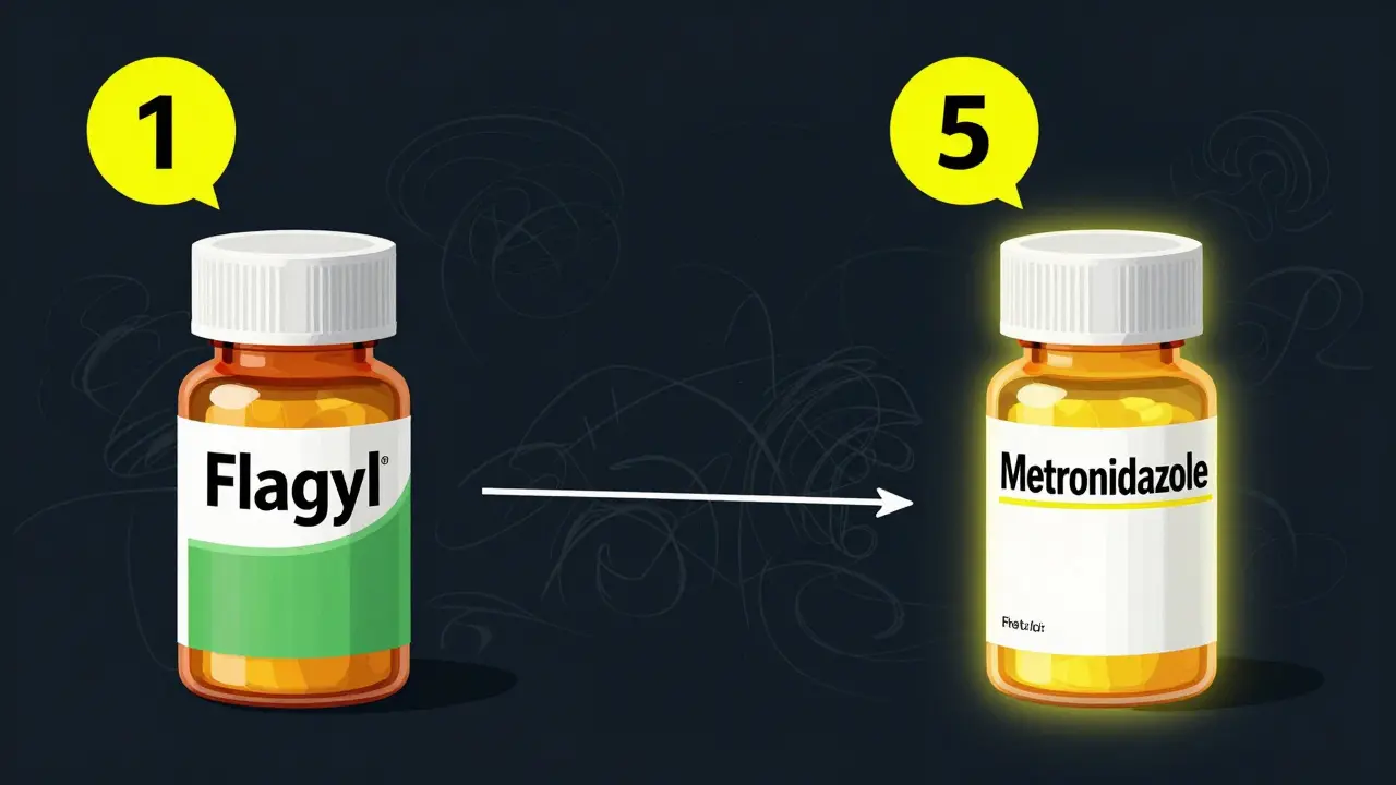 Comparaison visuelle entre le Flagyl de marque et le générique moins cher mais aussi efficace