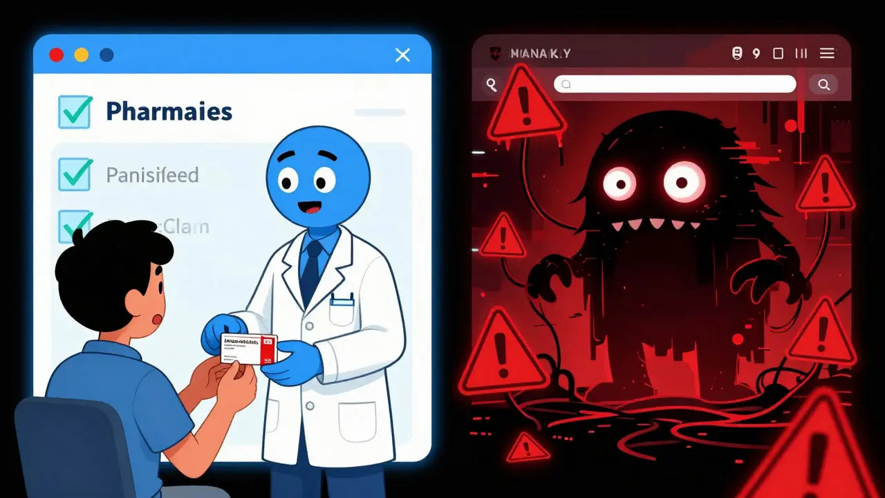 Comparaison visuelle entre une pharmacie en ligne sûre et un site dangereux avec des monstres