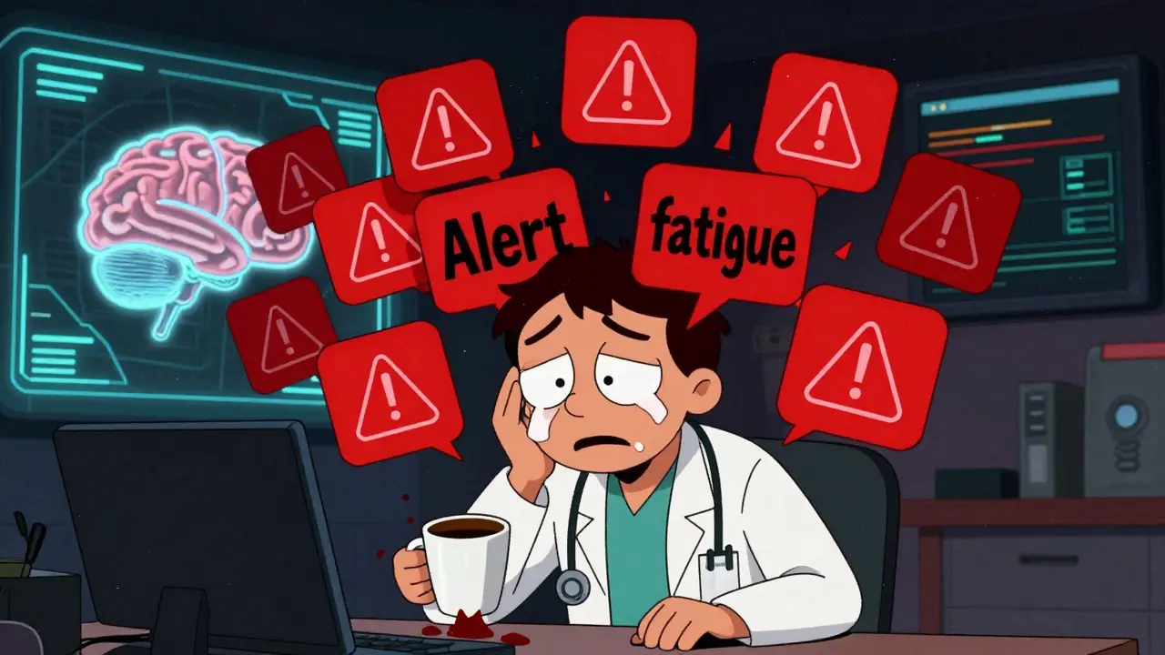Médecin épuisé noyé sous des alertes rouges d'interactions médicamenteuses