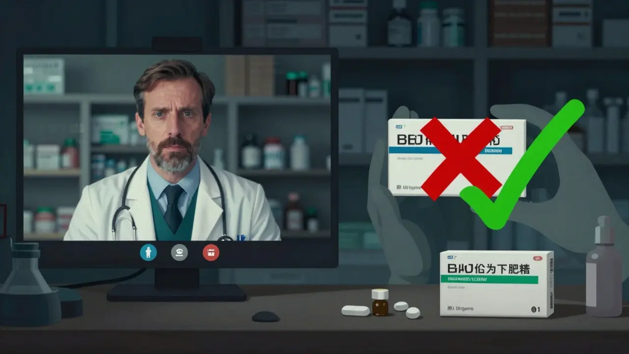 Téléconsultation et pharmacien résolvant un problème de médicaments à l'étranger