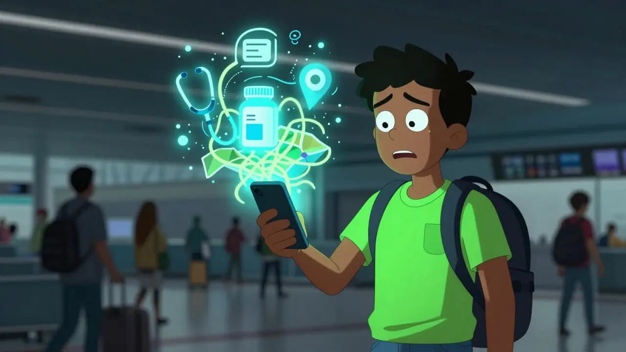 Voyageur confus face aux multiples applications de santé sur son téléphone
