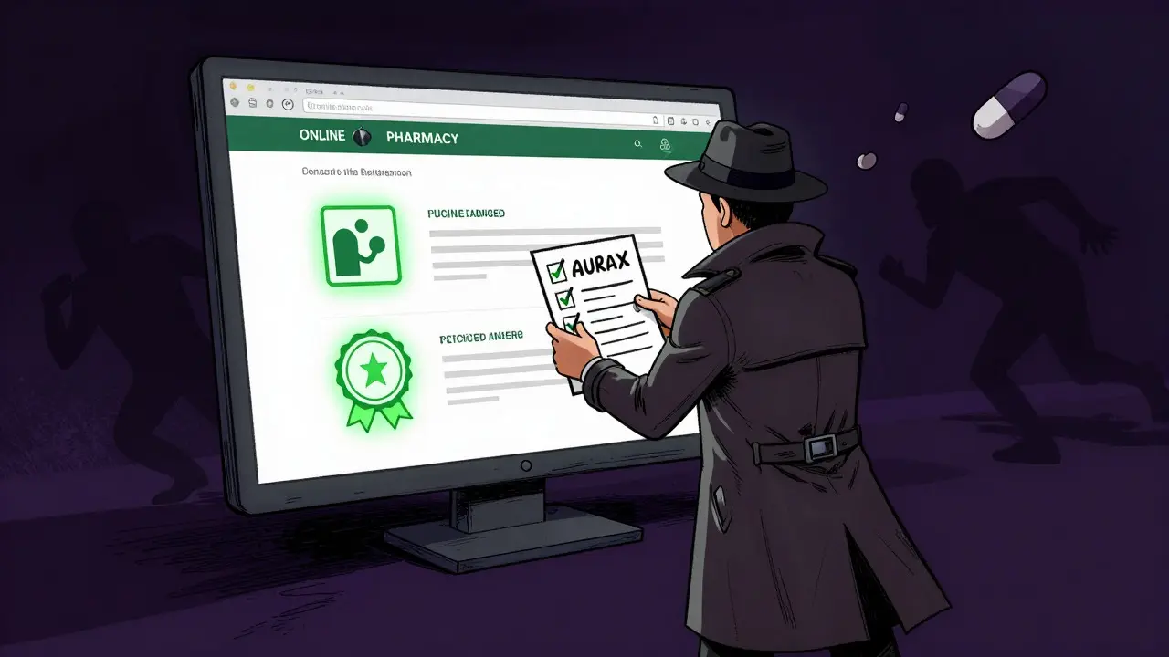 Character verifying online pharmacy safety in cartoon style