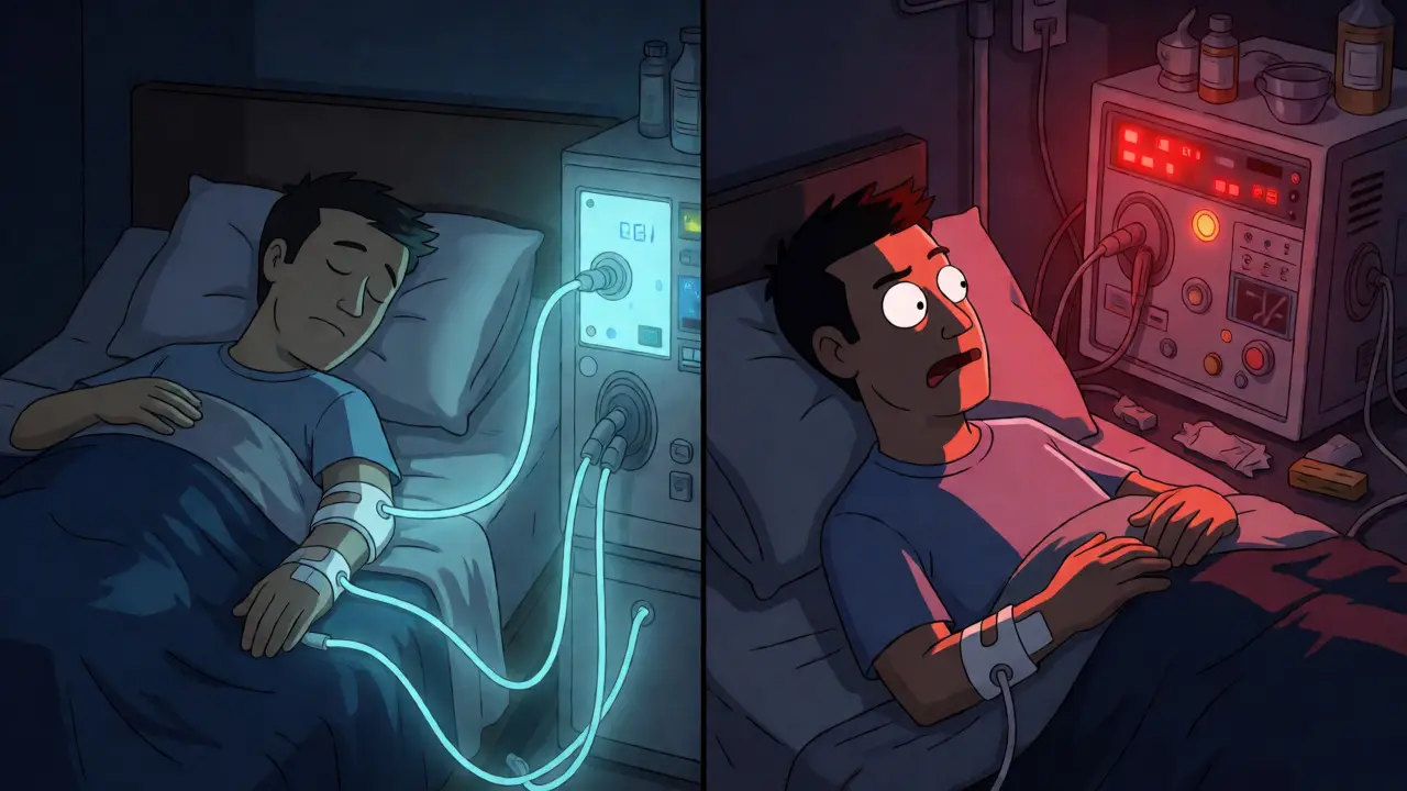 Contraste entre la sérénité de la dialyse nocturne et l'anxiété diurne du patient.