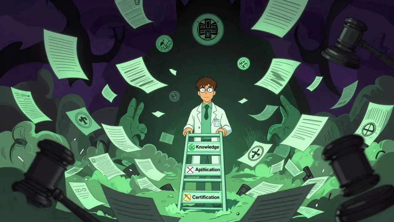 Illustration satirique d'un pharmacien submergé par la complexité réglementaire des médicaments.