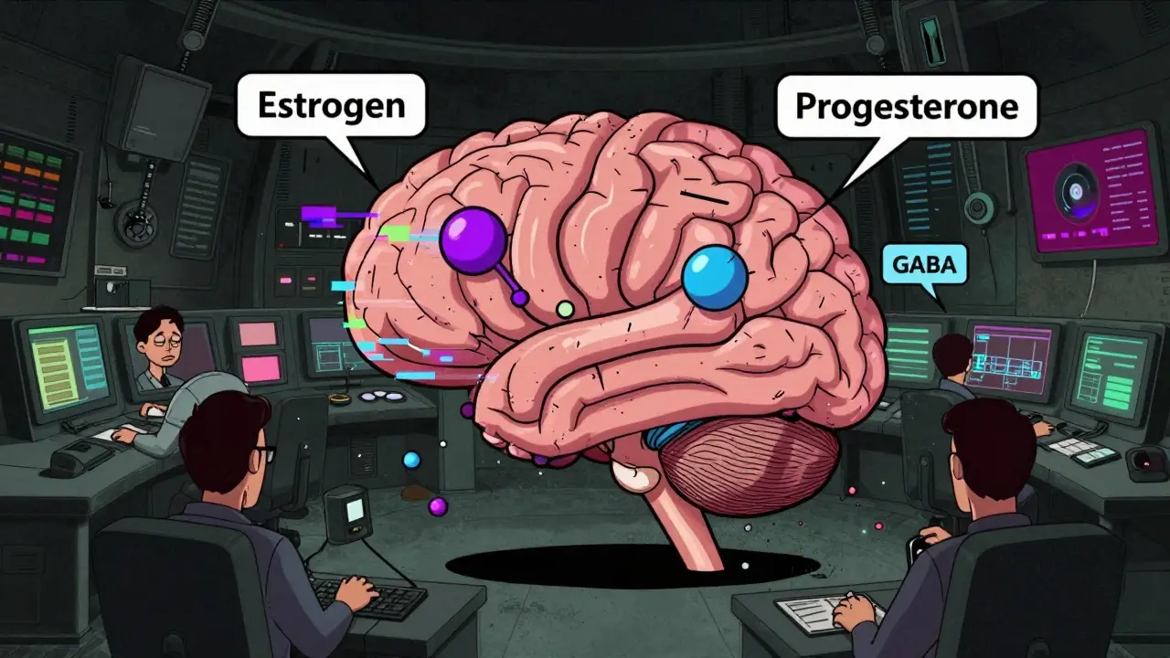 Illustration surréaliste du cerveau montrant le chaos hormonal perturbant les neurotransmetteurs