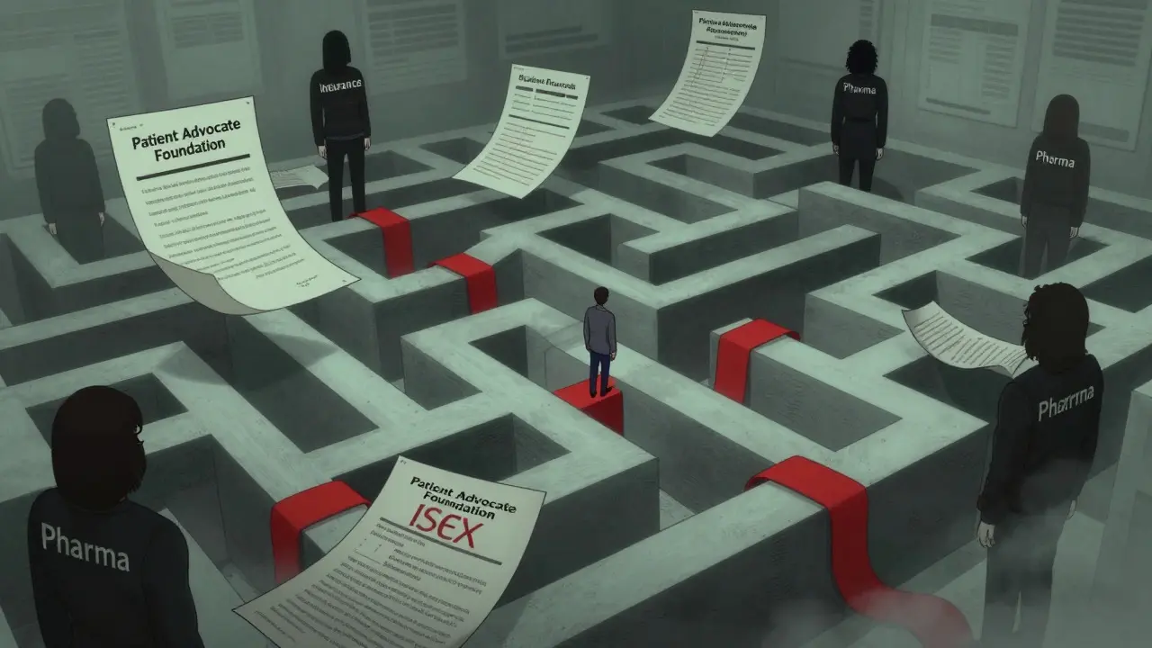 Labyrinthe bureaucratique symbolisant la complexité des demandes d'aide
