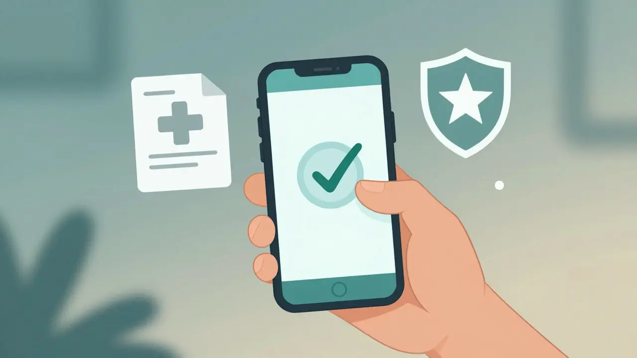Main tenant un téléphone avec icône de sécurité et ordonnance numérique