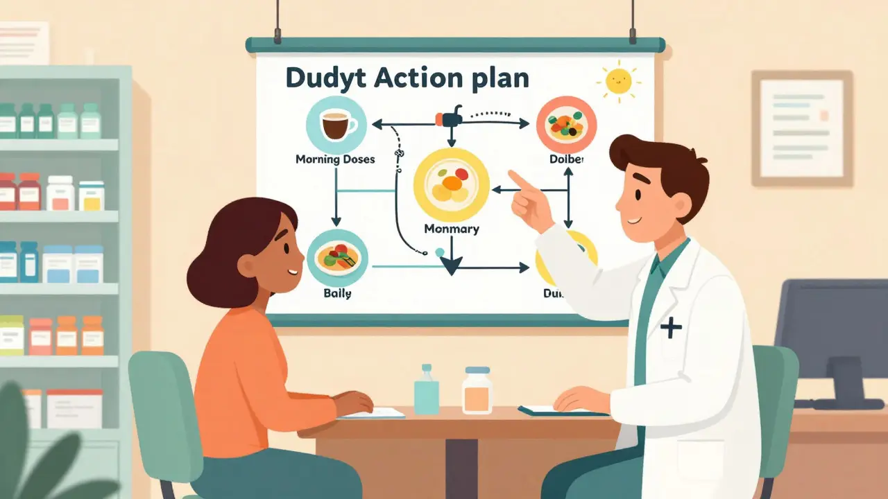 Patient et pharmacien créant ensemble un plan visuel de prise de médicaments