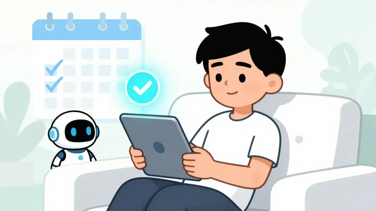 Personne détendue utilisant une technologie pour gérer ses traitements