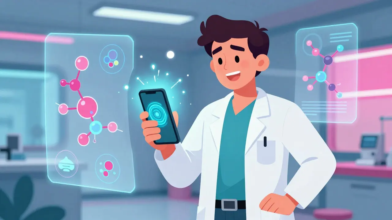 Un pharmacien utilise une application mobile IA pour apprendre facilement les nouveaux traitements.