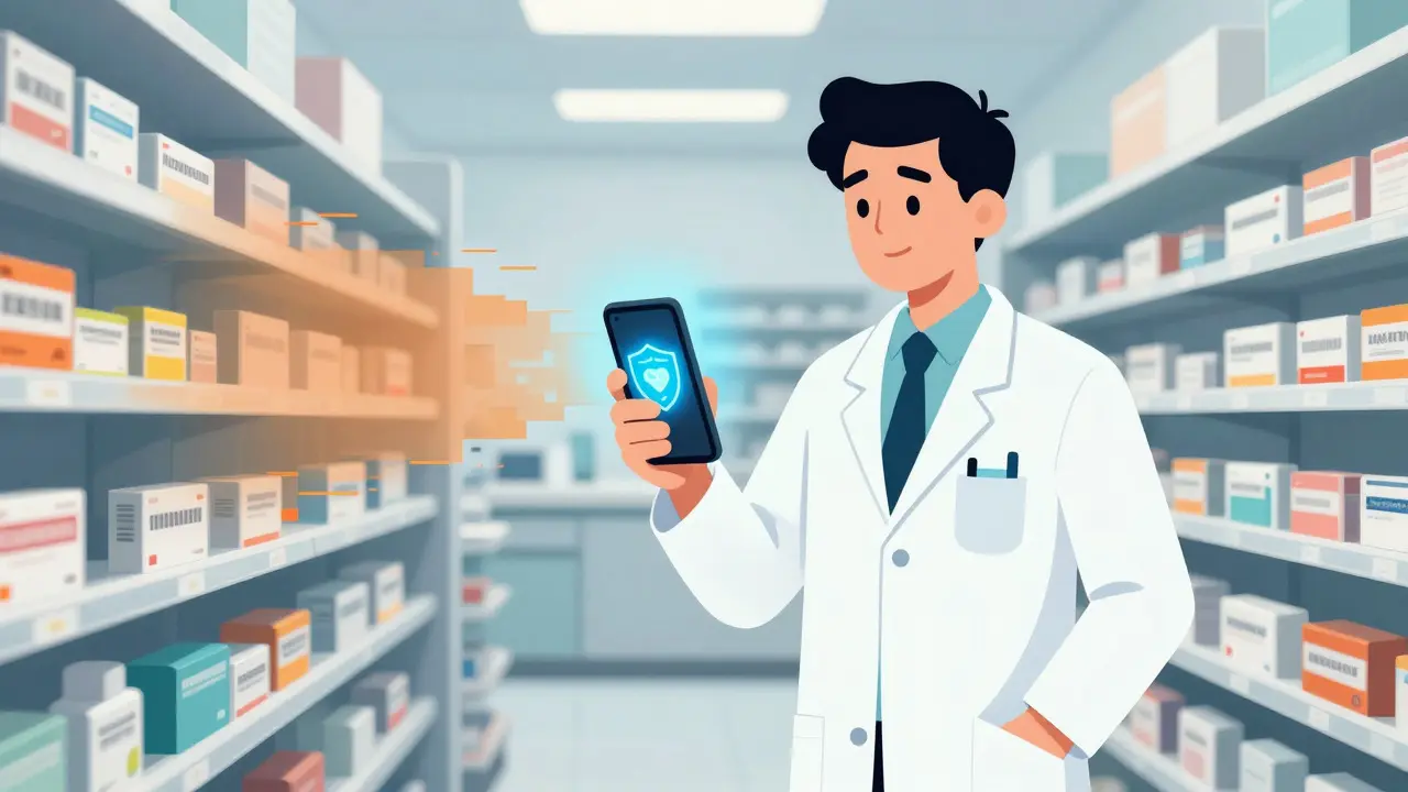 Un pharmacien vérifie l'authenticité d'un médicament via une puce NFC lumineuse.