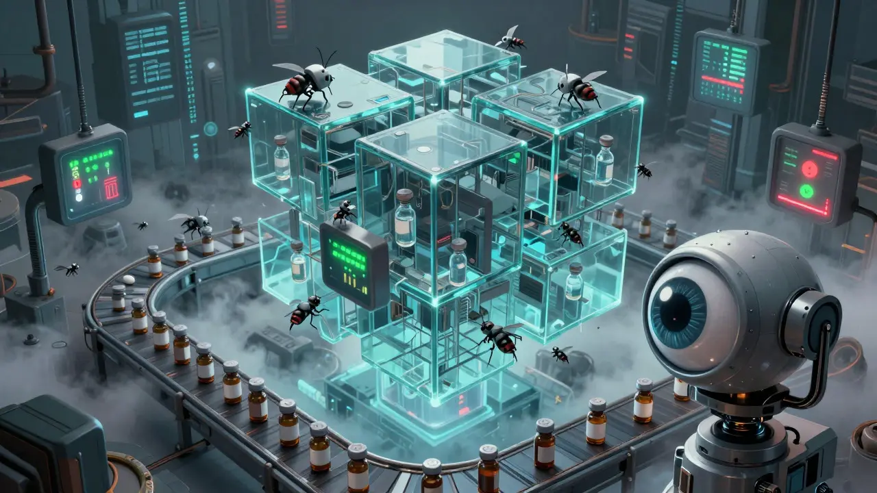 Une chaîne logistique pharmaceutique surveillée par IA et blockchain futuriste.